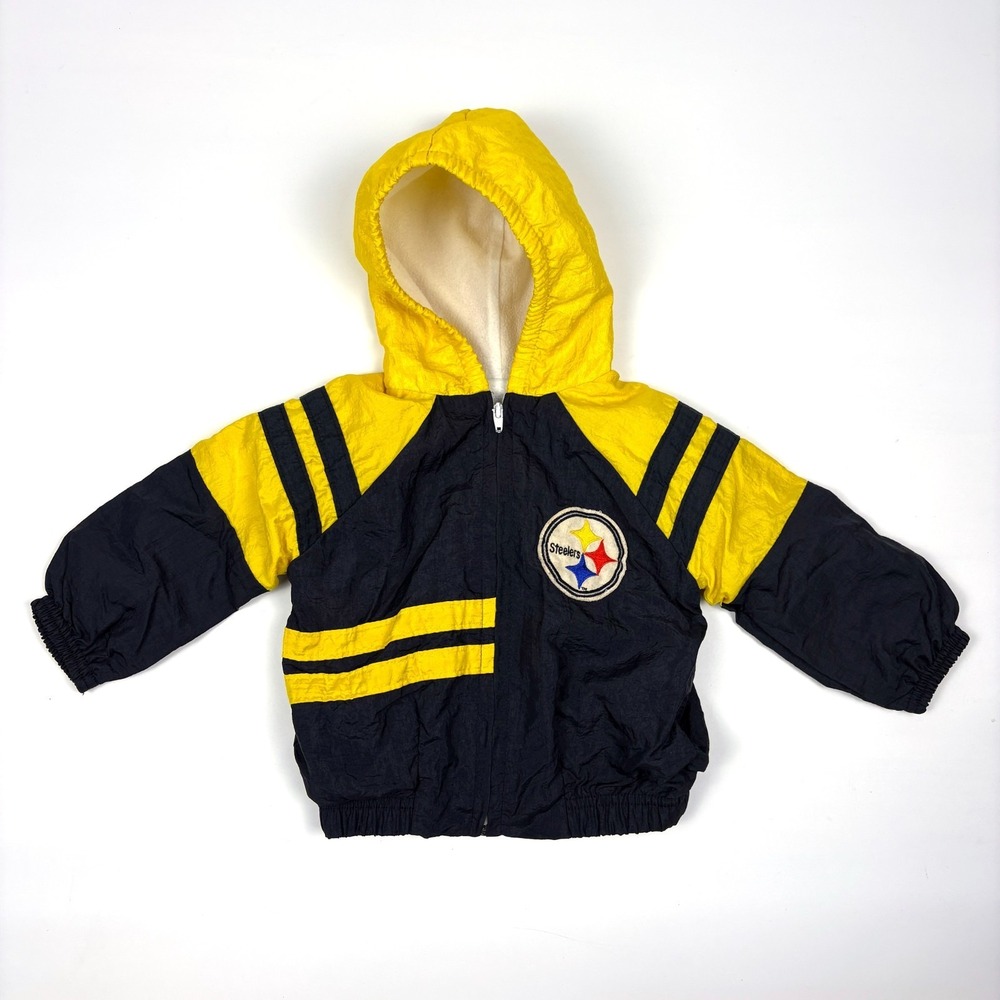 VTG 90s Pittsburgh Steelers Windbreaker Jacket Kid Sz 2T Black Yellow Park Bench